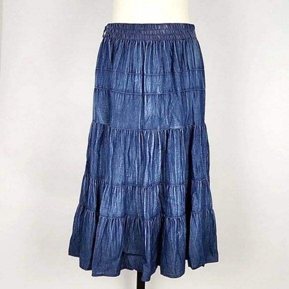 Lavena Women's Peasant Boho Blue Denim Long Light Flowy Skirt Size Medium - Picture 3 of 10